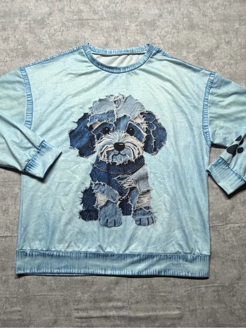 Source Unknown Light Blue Dog Patchwork Pullover Sweatshirt